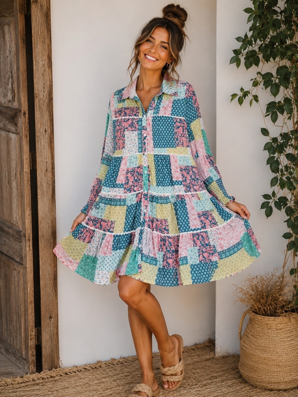 Patchwork Boho Tiered Shirt Dress 100% Cotton - Multicolor